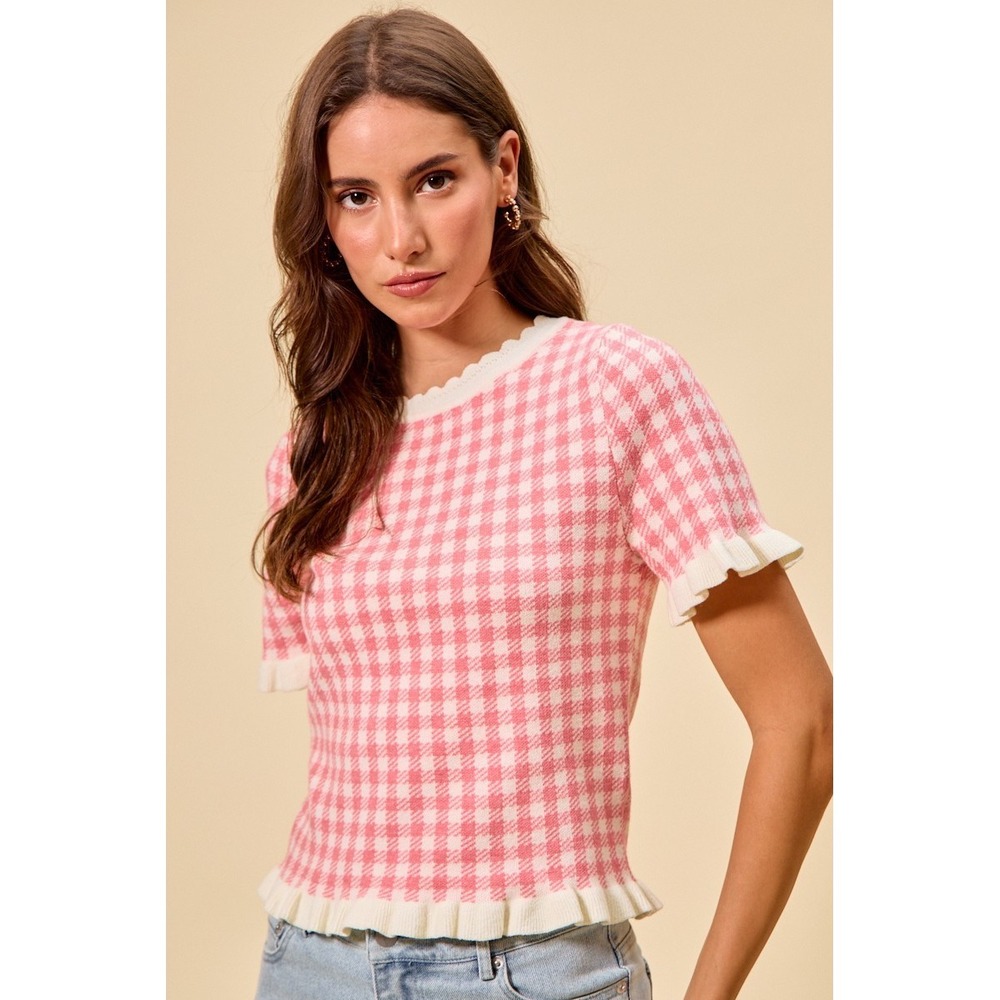SO ME Gingham Knit Ruffled Short Sleeves Sweater Top - Pink - XL - Picture 12 of 12